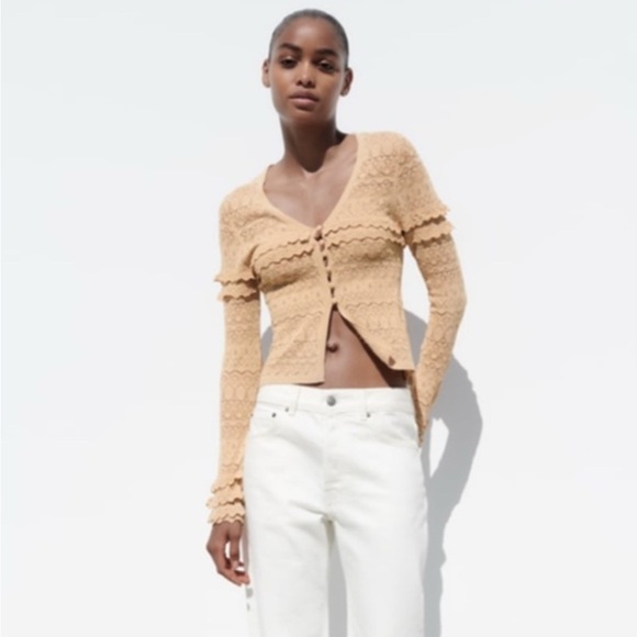 Zara Sweaters - ZARA Scallop knit button up cardigan soft, beige ruffle trim